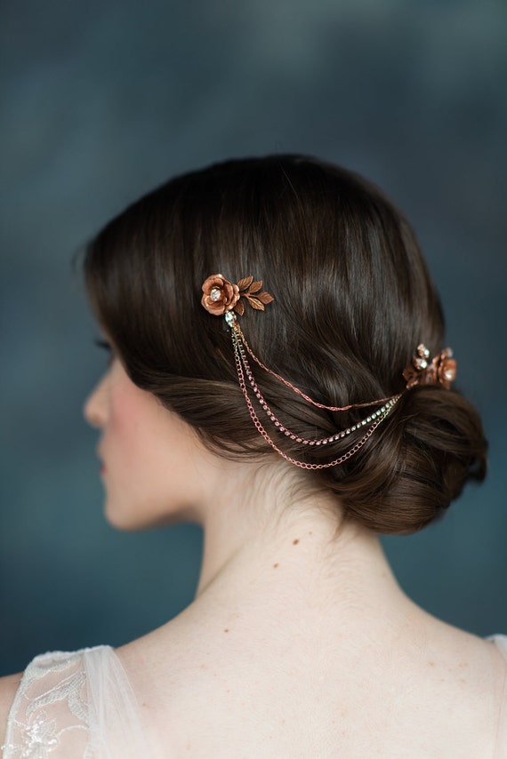Antique Rose Gold Flower Crystal Hair Chain Bridal Hair Etsy