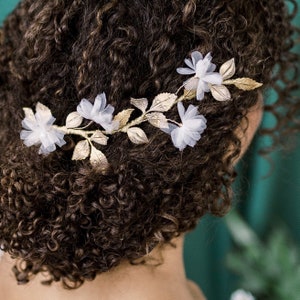 Gold Leaf Bridal Hair Vine with Silk Flowers: FINLEY