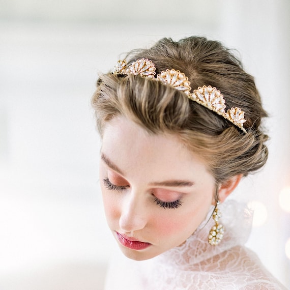 Vintage Gold Pearl & Crystal Tiara Headband Gold Vintage Inspired Pearl and Crystal Wedding Tiara Crown main image 2