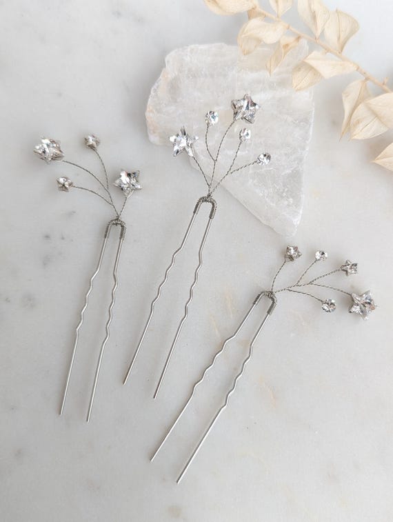 Gold Crystal Star Hair Pins: Silver Celestial Bridal  display picture 3