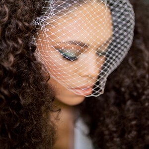 May include: A woman with curly brown hair wears a white veil over her face. The veil is a fine mesh with a delicate pattern. The woman's eyes are closed and her lips are slightly parted.