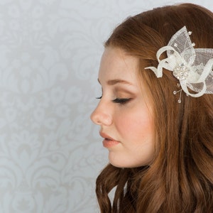 Wedding Fascinator, White Headpiece, Bridal Shower Hair Clip, Small Hairpiece, Bridesmaids Gift, Crystal Hair Pin, Leaf Barrette, EVA image 3