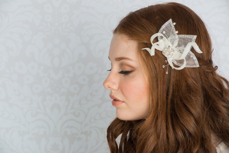 Wedding Fascinator, White Headpiece, Bridal Shower Hair Clip, Small Hairpiece, Bridesmaids Gift, Crystal Hair Pin, Leaf Barrette, EVA image 3