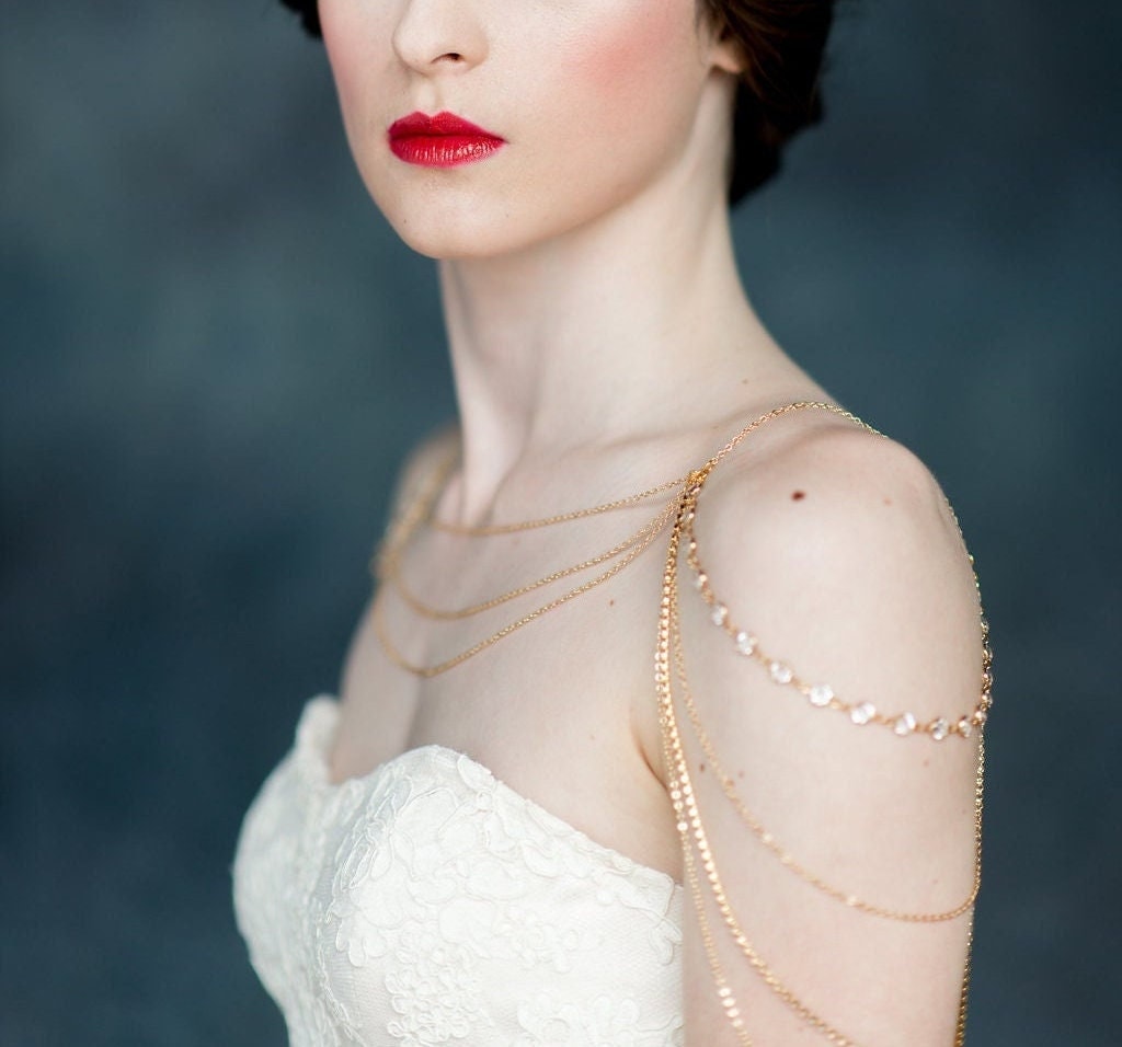 Gold Bridal Shoulder Necklace, Rose Gold Crystal Body Chain, Rhinestone Shoulder Jewelry, Vintage Body Jewelry for Wedding Dress - INDIGO