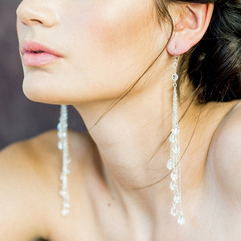 Crystal Chandelier Earrings, Long Bridal Earrings, Shoulder Grazing Earrings, Rose Gold Statement Earrings, Gold Wedding Earrings, AMORA image 1