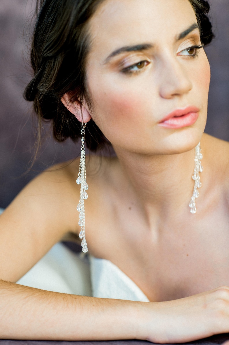 Crystal Chandelier Earrings, Long Bridal Earrings, Shoulder Grazing Earrings, Rose Gold Statement Earrings, Gold Wedding Earrings, AMORA image 2