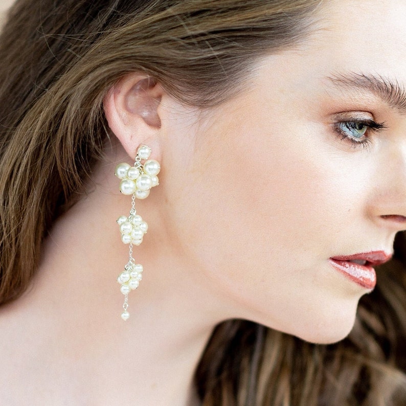 Pearl Dangly Earrings, Pearl Drop Earrings, Pearl Cluster Earrings, Gold Bridal Jewelry, Silver Wedding Earrings, Rose Gold Earrings, BILLIE image 1