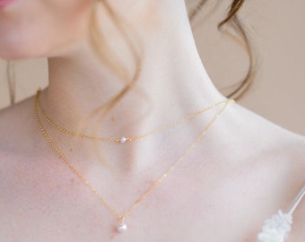 Rose Gold Pearl Necklace, Delicate Chain Necklace, Double Strand Necklace, Layering Necklace, Minimalist Bride, Classic Bridal Jewelry, NOEL