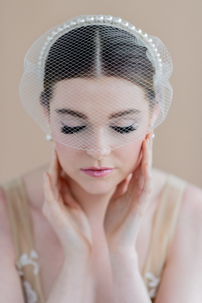 Ivory Birdcage Veil Pearl Headband White Bridal Veil Mini Etsy