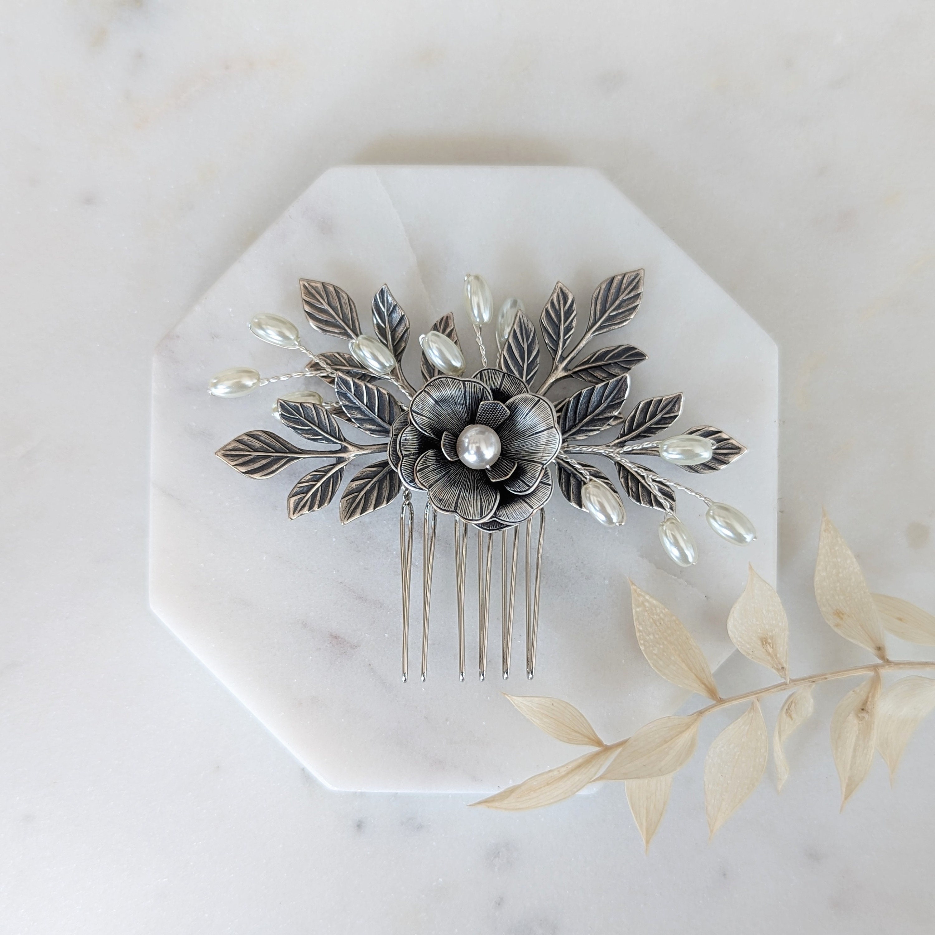 Pettine Per Capelli Vintage Con Cristalli Austriaci E Strass - Fiore Argento Stile Sposa