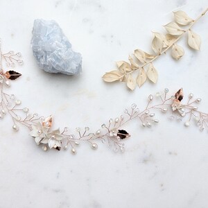 Rose Gold Flower Pearl Bridal Hair Vine, Long Gold Crystal Headpiece for Boho Bride, Silver Floral Leaf Hair Accessory for Weddings, ETTA Rose Gold/Ivory