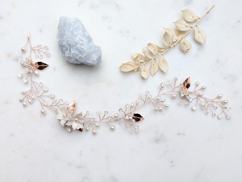 Rose Gold Flower Pearl Bridal Hair Vine, Long Gold Crystal Headpiece for Boho Bride, Silver Floral Leaf Hair Accessory for Weddings, ETTA Rose Gold/Ivory