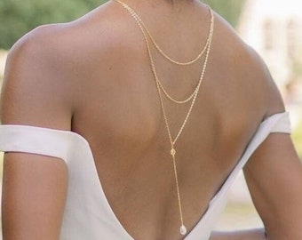 Gold Back Necklace with Pearl Pendant, Long Silver Back Drop Necklace, Rose Gold Body Jewelry Back Chain, Wedding Dress Accessories, JUNE