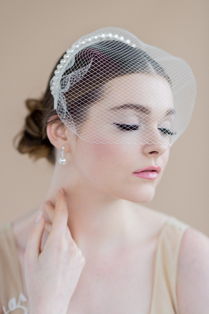 Ivory Birdcage Veil Pearl Headband White Bridal Veil Mini | Etsy