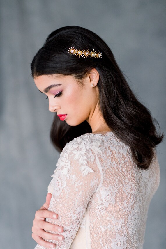 Silver Crystal Pearl Bridal Hair Comb Wedding Headpiece Starburst Rhinestone Starburst Bridal Hair Comb: Pearl Rhinestone Celestial  main image 3