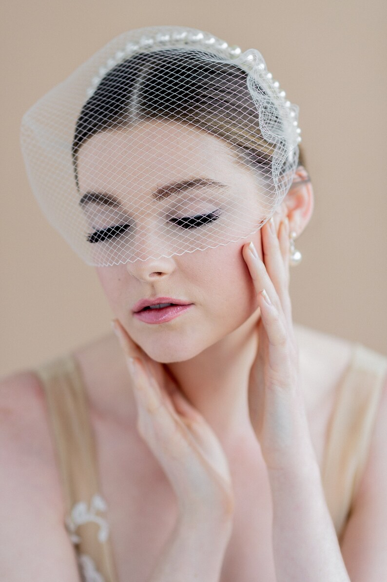 Ivory Birdcage Veil Pearl Headband White Bridal Veil Mini Etsy