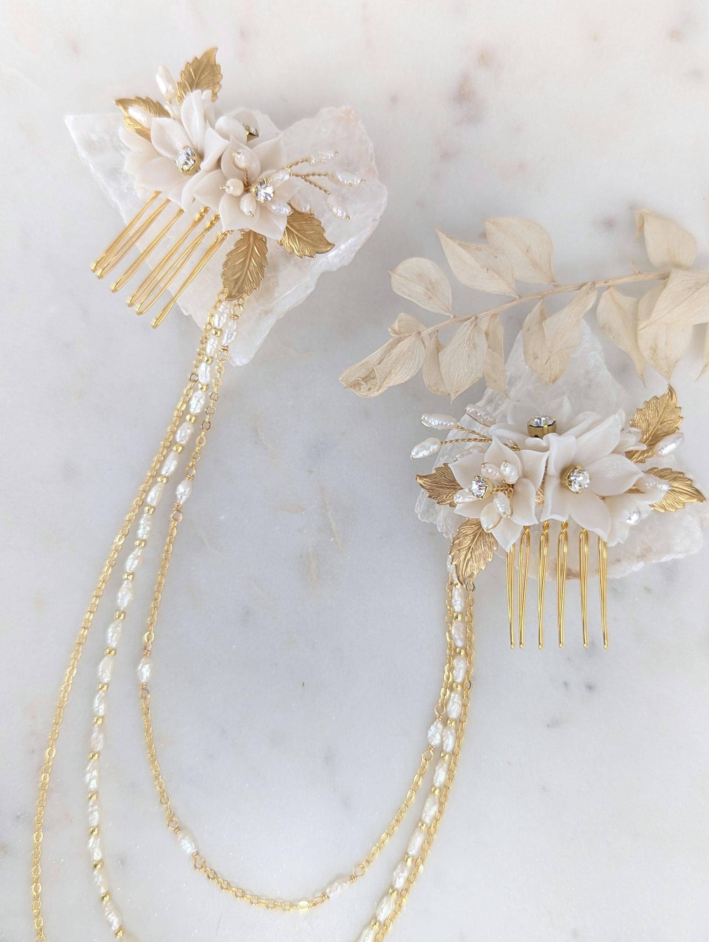 Mignonne Handmade Gold Flower Sparkly Hair Chain Accessory Bridal Hair Chain, Silver Hair Accessories, Wedding Crown  main image 3