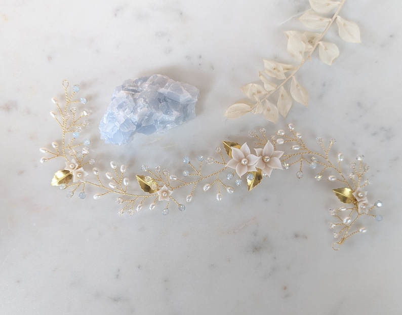 Rose Gold Flower Pearl Bridal Hair Vine, Long Gold Crystal Headpiece for Boho Bride, Silver Floral Leaf Hair Accessory for Weddings, ETTA Gold/Ivory