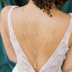 Gold Crystal Pearl Bridal Back Necklace, Silver Bridal Open Back Drop Chain, Layered Rose Gold Jewelry for Low Back Wedding Dress, SADIE
