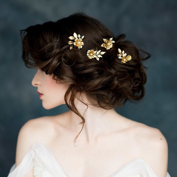 Gold Floral bridal headpiece brides & hairpins Gold Wedding Hair Comb and Hair Pin With Beautiful Flowers  main image 4