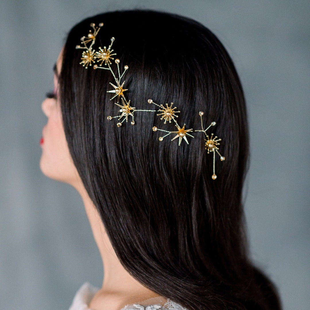 Gold Star Hair Vine Silver Constellation Headpiece Rose Gold Galaxy Hair Piece Celestial Hair Accessory Pearl Starburst Hairvine AURORE Etsy