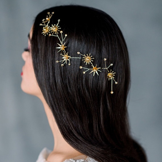 Gold Bridal Celestial Hair Vine, Silver Starburst Hair Jewelry
