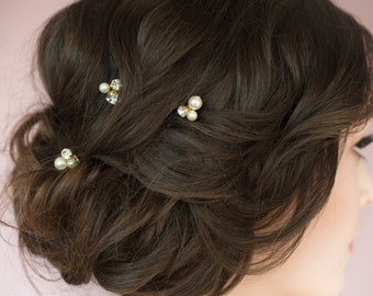 Gold Pearl Crystal Bridal Hair Pin Set, Minimalist Bridal Hair Pins, Rhinestone Hair Pin Set of 3, Silver Hairpins, Rose Gold Hairpin, DAYNA