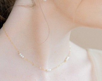 Dainty Pearl Necklace, White Pearl Choker, Freshwater Pearl Necklace, Bridal Necklace, Pearl Beaded Bar Necklace, Gold Filled Jewelry, SHAUN