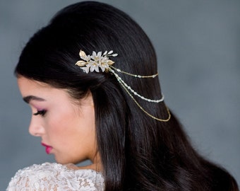 Silver Bridal Hair Chain, Gold Wedding Hair Jewelry, Rose Gold Boho Headpiece, Flower Leaf Draped Head Chain, Back Hair Accessory, MONIQUE