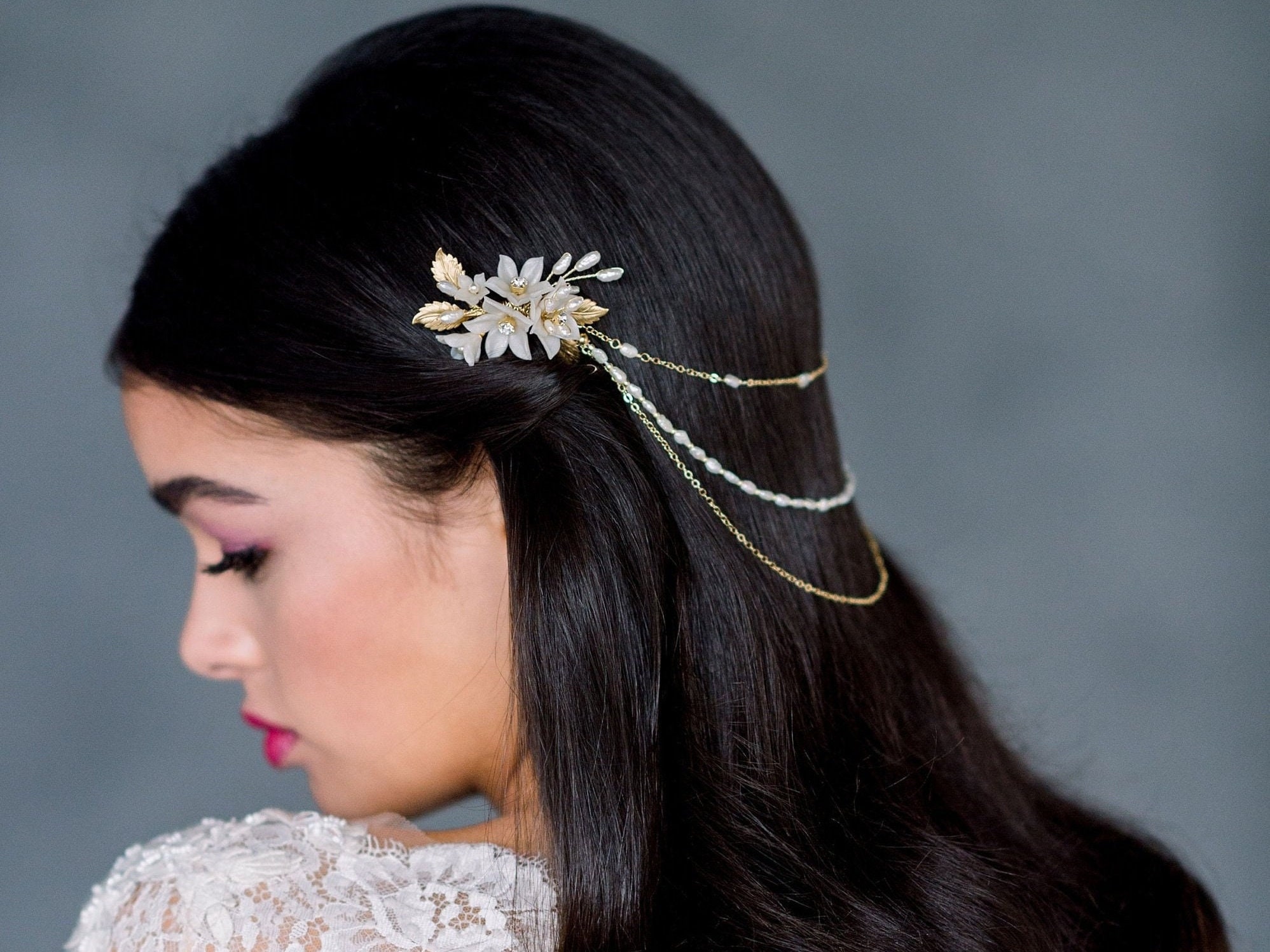 Silver Bridal Hair Chain, Gold Wedding Hair Jewelry, Rose Gold Boho  Headpiece, Flower Leaf Draped Head Chain, Back Hair Accessory, MONIQUE 