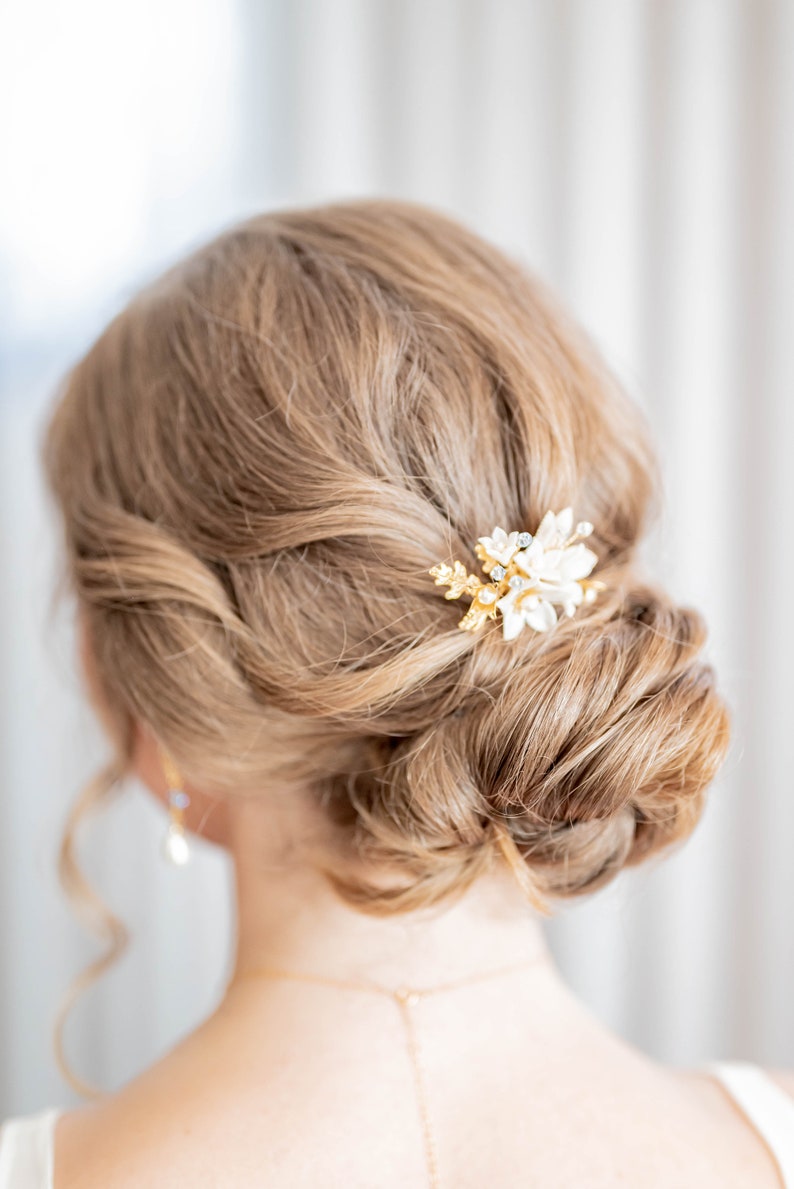 Gold White Flower Hair Pin, Leaf Wedding Hair Clip, Ivory Porcelain Clay Hairpin, Romantic Hair Accessory, Hair Comb for Bridal Updo, NEESA image 4