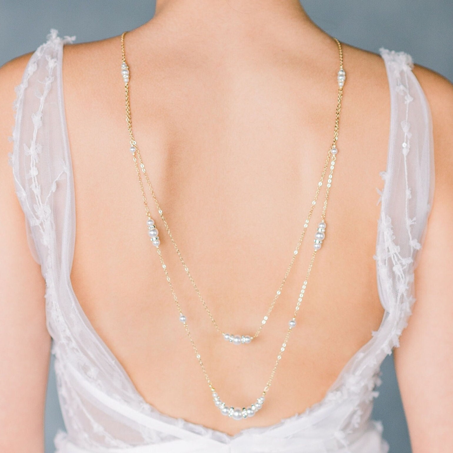 Pearl Back Necklace: Bridal Rhinestone Back Chain - TIFFANIE