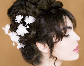 Silk Flower Bridal Hair Comb, White Floral Hair Vine, Silver Large Statement Wedding Headpiece, Fine Art Wedding Hair Clip for Bride, EMMA