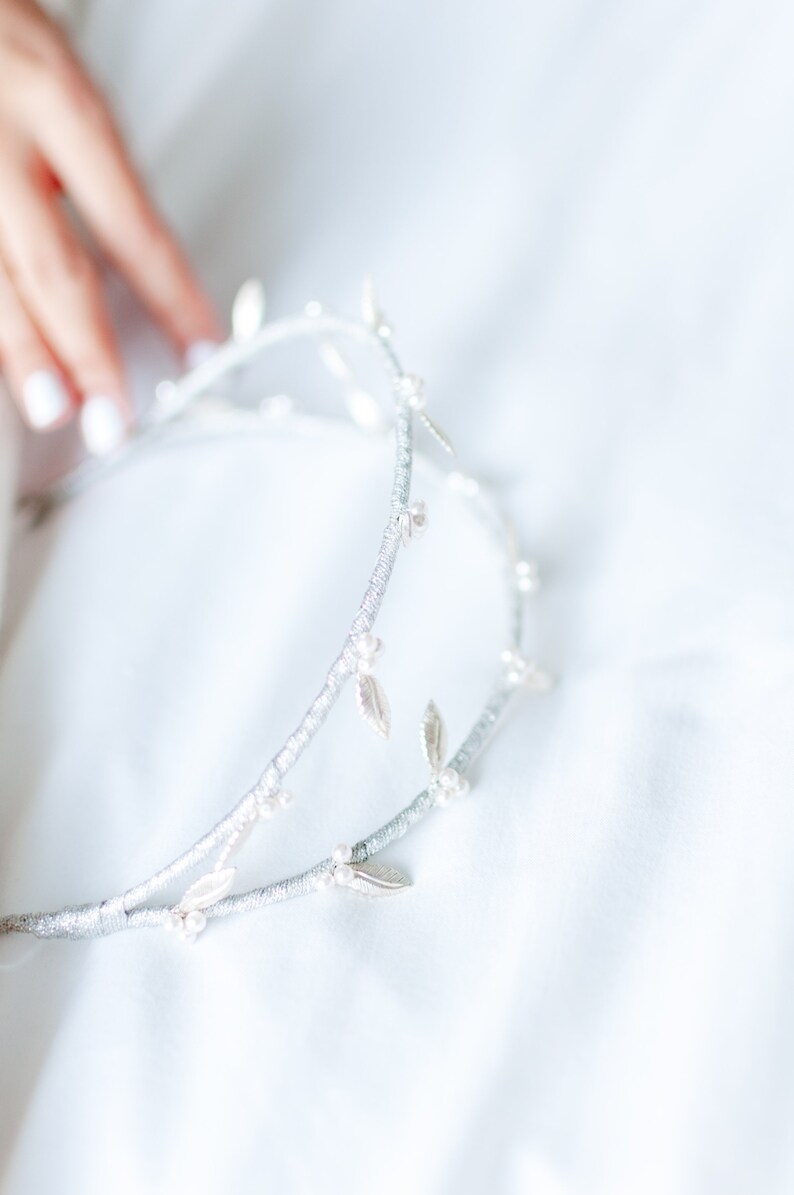 Silver Pearl Leaf Double Bridal Headband for Weddings, Simple Gold Hairband with Leaves and Pearls, Rose Gold Boho Hair Accessory, WILLOW image 6