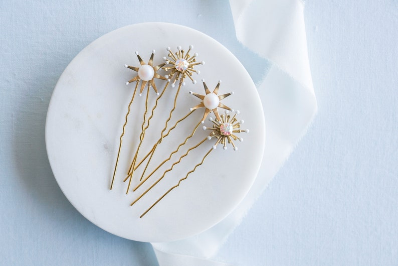 Celestial Star Hair Pins, Gold Starburst Bobby Pins, Pearl Bridal Hairpins, Galaxy Wedding Hair Piece, Silver Rhinestone Modern Bridal, LUNA image 5