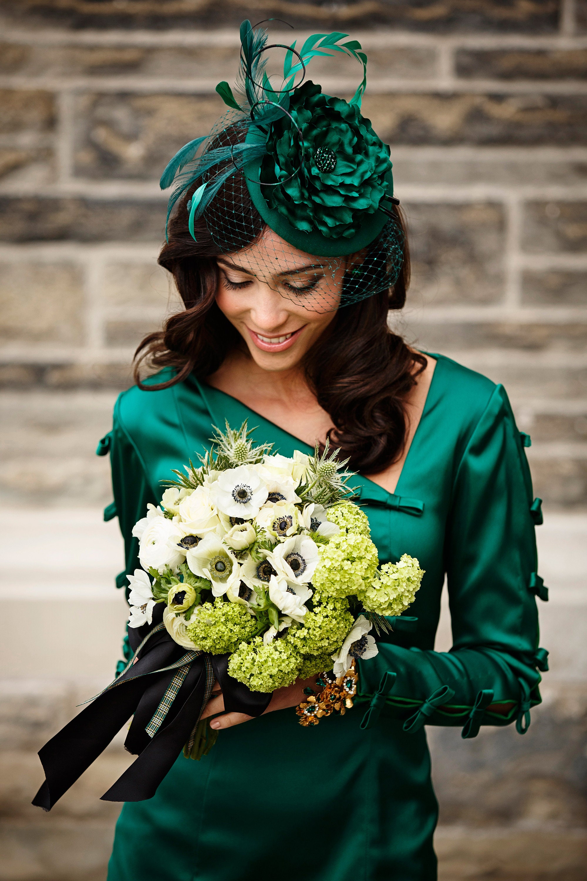 Emerald Green Flower Bridal Fascinator With Birdcage Veil 