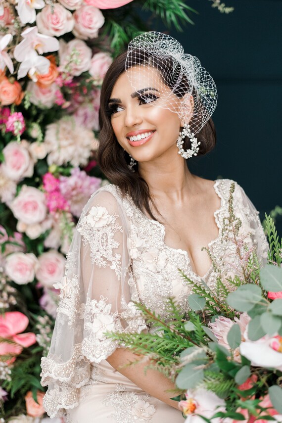 Mini Birdcage Veil With Flowers Bridal Birdcage Fascinator With