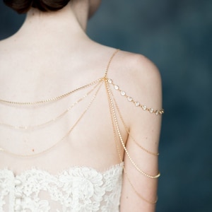 Gold Shoulder Necklace, Rose Gold Shoulder Jewelry Necklace for Brides, Modern Statement Necklace, Crystal Wedding Dress Chains, INDIGO image 1