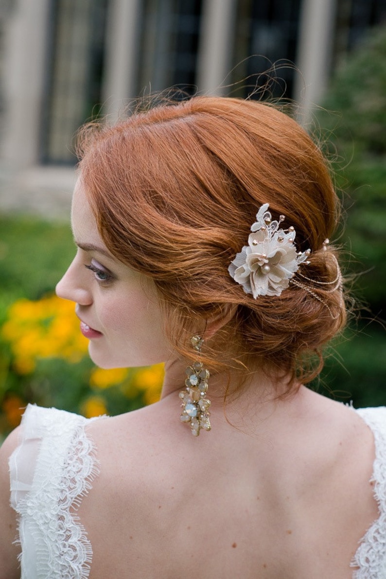 Silk Flower Bridal Hair Chain With Crystals and Pearls Etsy