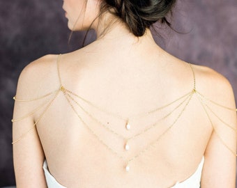 Gold Back Necklace, Silver Pearl Drop Necklace, Shoulder Swag, Shoulder Jewelry, Modern Bridal Necklace, Rose Gold Deco Jewelry, Body Chain