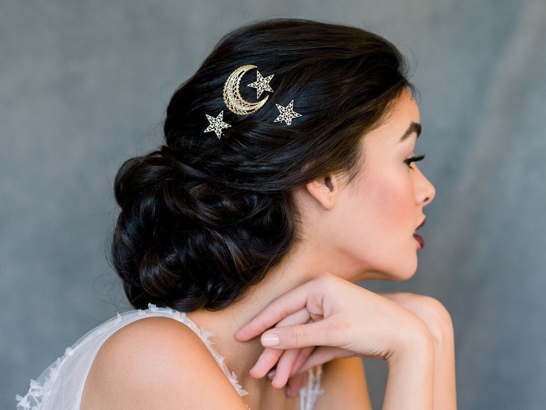 Gold Moon Hair Pin, Silver Star Hair Pins, Rose Gold Galaxy Hairpins,  Celestial Hair Accessory, Crystal Bridal Headpiece, Lunar Pin, MERITT - Etsy