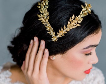 Gold Leaf Crown, Silver Double Headband, Rose Gold Bridal Crown, Golden Coronet, Modern Tiara, Laurel Leaf Hairband, Grecian Wreath, SIOBHAN