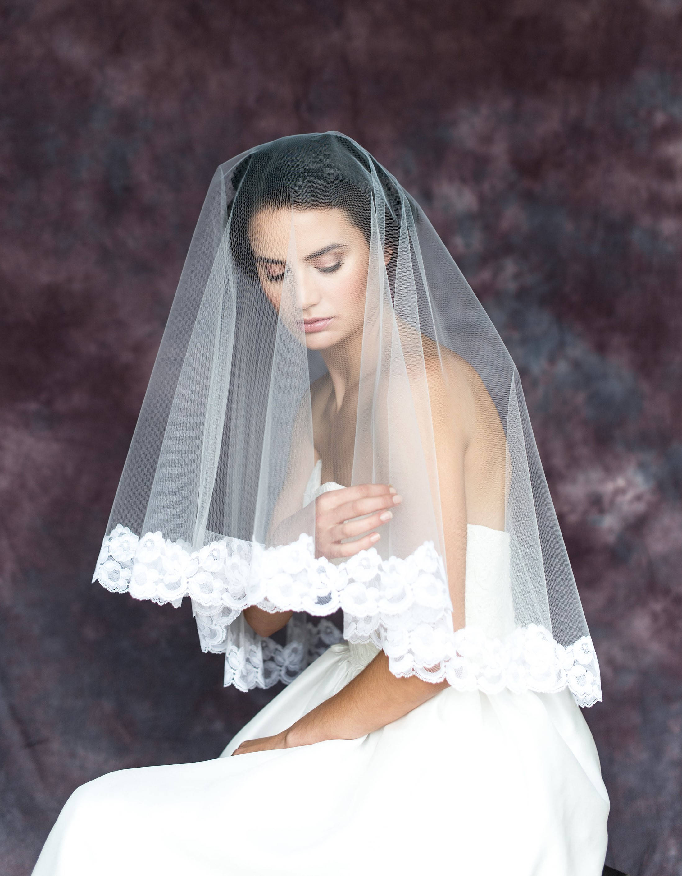 Vintage Floral Lace Bridal Veil: Drop Veil with Blusher - MARISOL