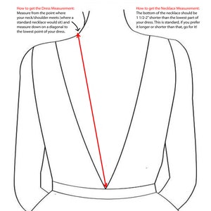 May include: Diagram showing how to measure the length of a dress and the length of a necklace. The diagram shows a simple line drawing of a woman's torso and dress. A red line shows how to measure the length of the dress from the neck/shoulder to the bottom of the dress. The text explains that the necklace should be 1 1/2 to 2 inches shorter than the bottom of the dress.