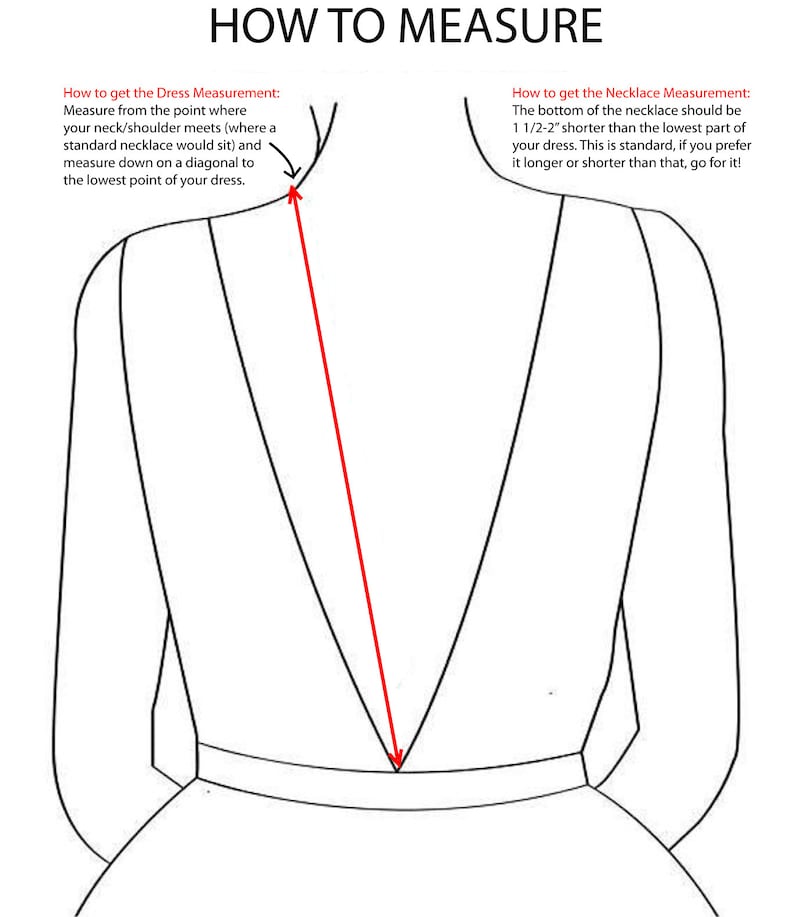 May include: Diagram showing how to measure the length of a dress and the length of a necklace. The diagram shows a simple line drawing of a woman's torso and dress. A red line shows how to measure the length of the dress from the neck/shoulder to the bottom of the dress. The text explains that the necklace should be 1 1/2 to 2 inches shorter than the bottom of the dress.