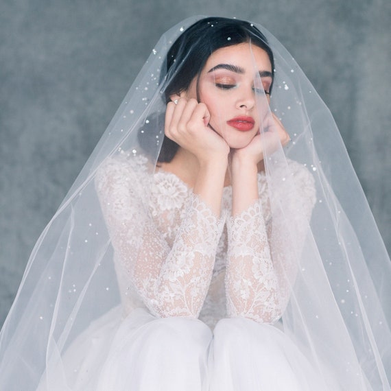 Scattered Crystal Drop Veil Pearl Blusher Veil Statement Bridal