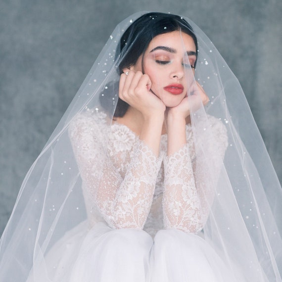 90 Chapel Length Cut Edge Ivory Bridal Veil with Scattered Pearls &  Crystals