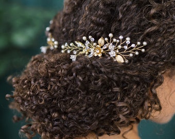 Gold Flower Hair Vine with Pearls: Silver Crystal Bridal Hair Comb - LIANNA