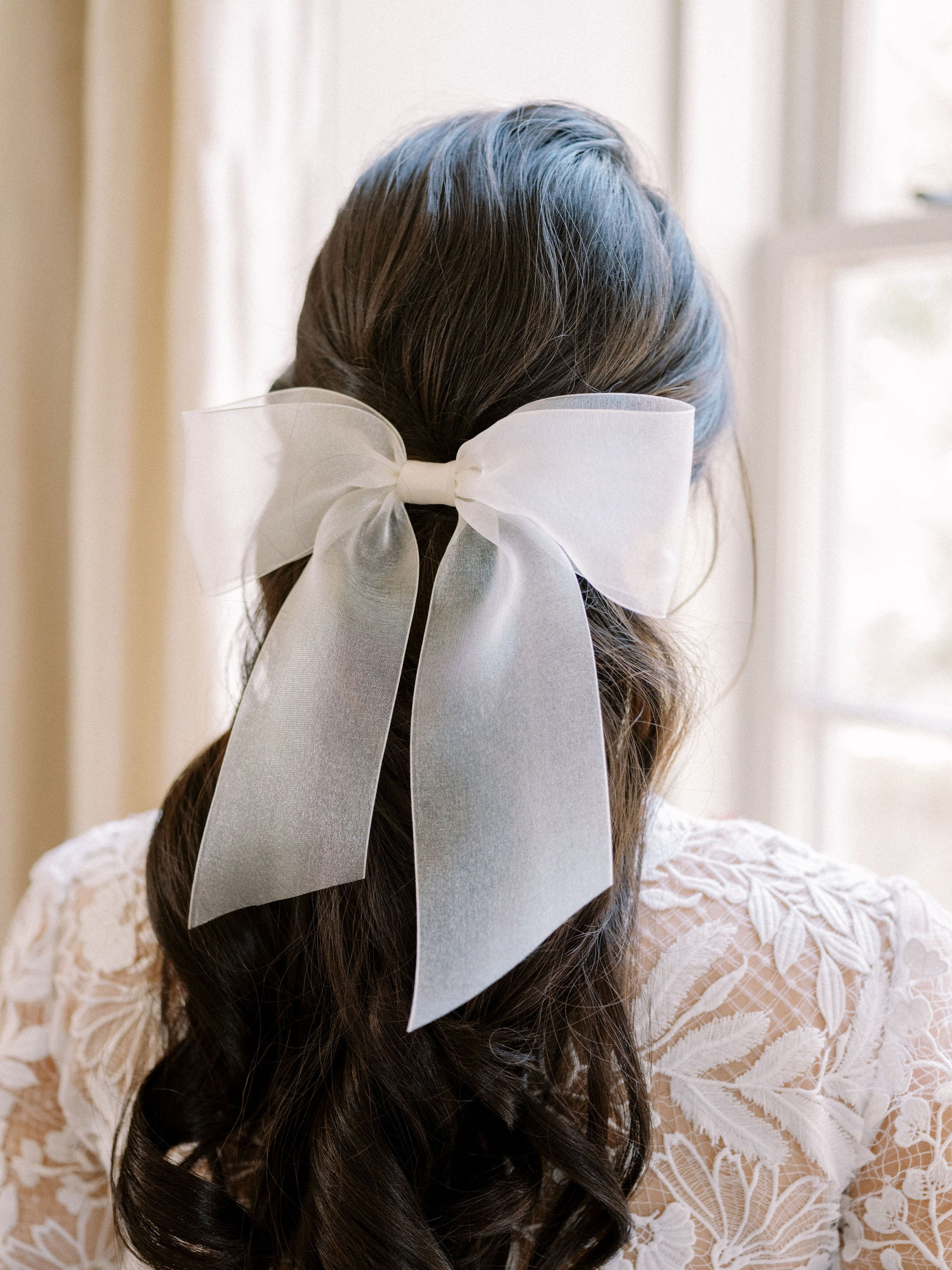 Organza Ivory Bridal Bow with Embroidered Phrase