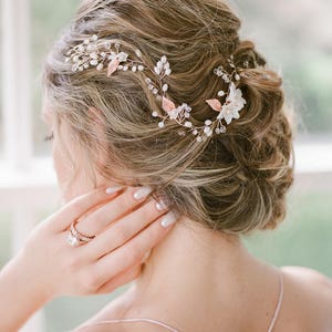 Rose Gold Flower Pearl Bridal Hair Vine, Long Gold Crystal Headpiece for Boho Bride, Silver Floral Leaf Hair Accessory for Weddings, ETTA image 4